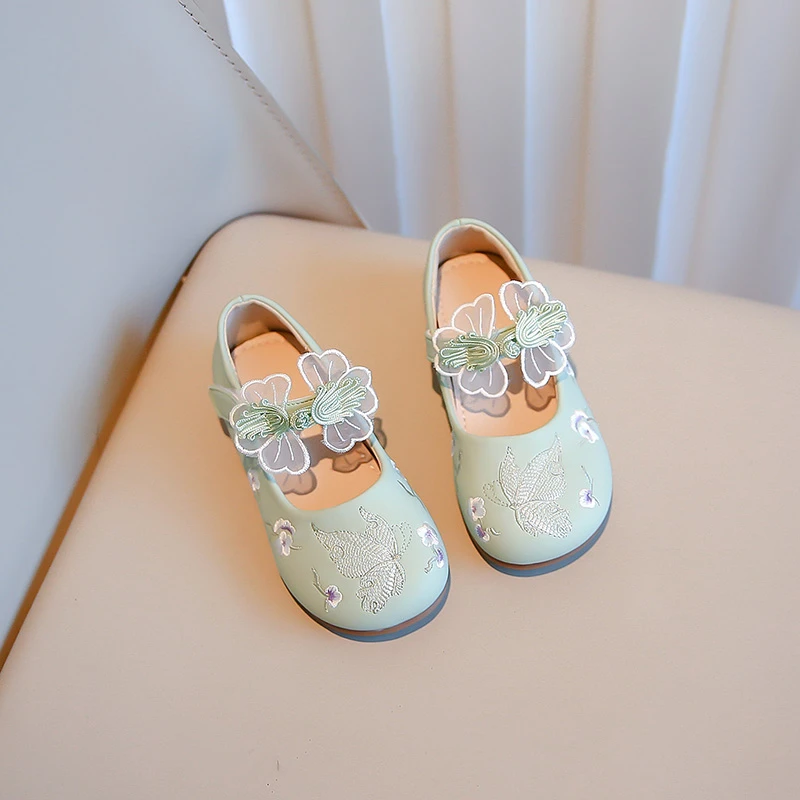 Children\'s Small Leather Shoes New Pink Embroidered Flowers Little Girl Single Shoes Light Green Flat Shallow Mouth Kids Sandals