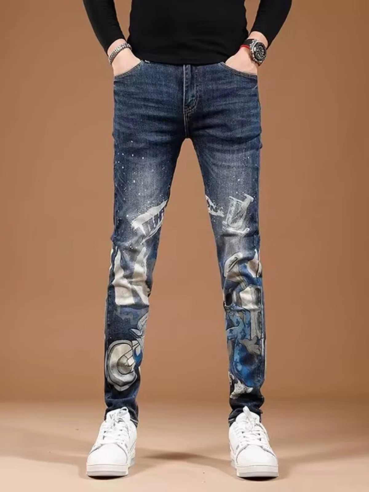 Fashionable Casual Printed Men's Jeans Elastic Slim Fit Long Pants Autumn Winter Wear Resistant Stone Washed Youth Style