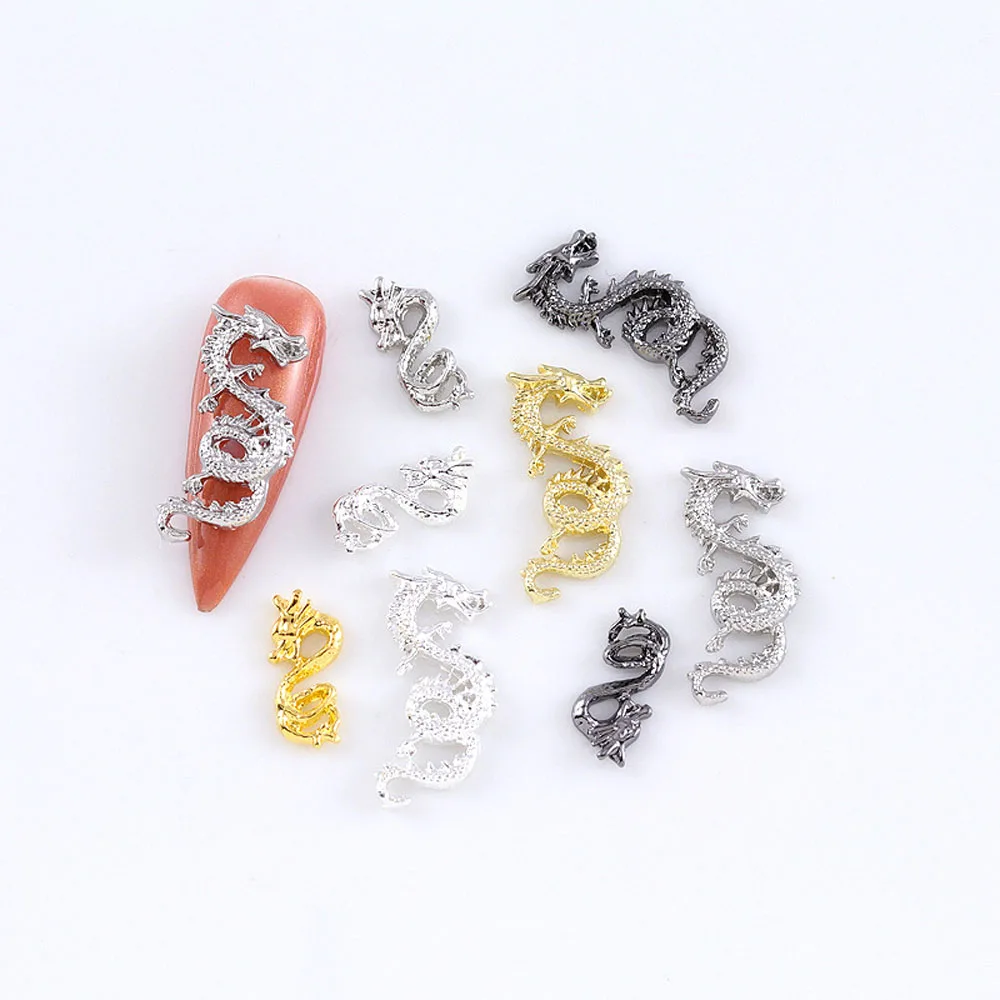 10Pcs/lot 3D Zodiac Dragon Nail Art Charms Alloy 2023 Luxury Gold Silver Black Luxury Retro Chinese Decorations Nail Parts Bulk