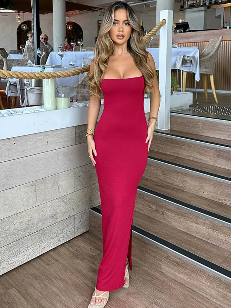 Mozision Spaghetti Strap Backless Sexy Maxi Dress For Women Fashion Lace-up Sleeveless Bodycon Club Party Back Slit Long Dress