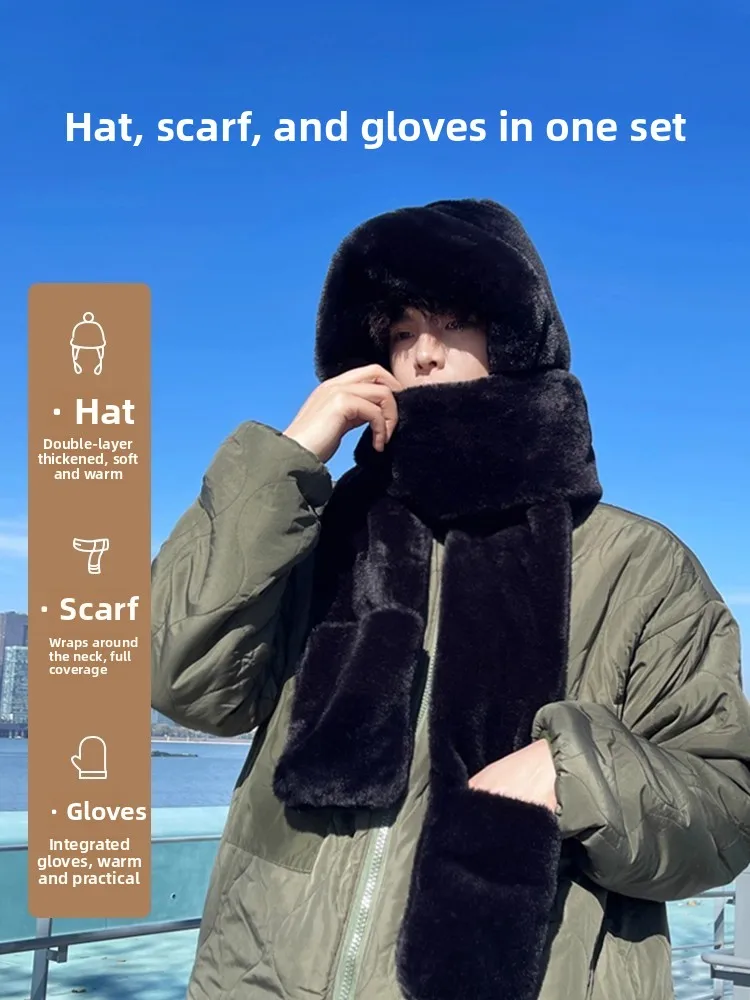 Warm Fleece Winter Hat Scarf Gloves Three-piece Set Men's Integrated Hat Scarf Neck Warmer Design Windproof And Cozy