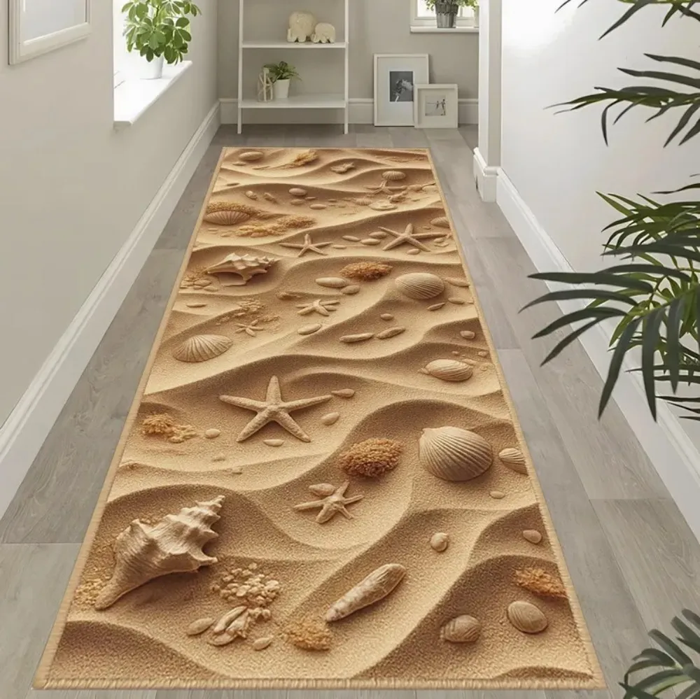 Vikama Flannel 3D Shell Beach Running Mat, Coastal Corridor Carpet, Living Room, Bedroom, Stairway Passage, Home Decoration