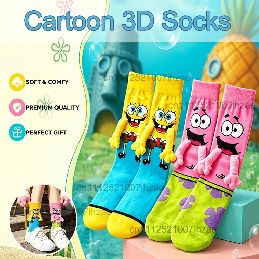Cartoon 3D Socks Cute Handle Interaction Yellow Sponge Pink Starfish Anime Peripheral Soft High Elasticity Tube Socks Daily Wear