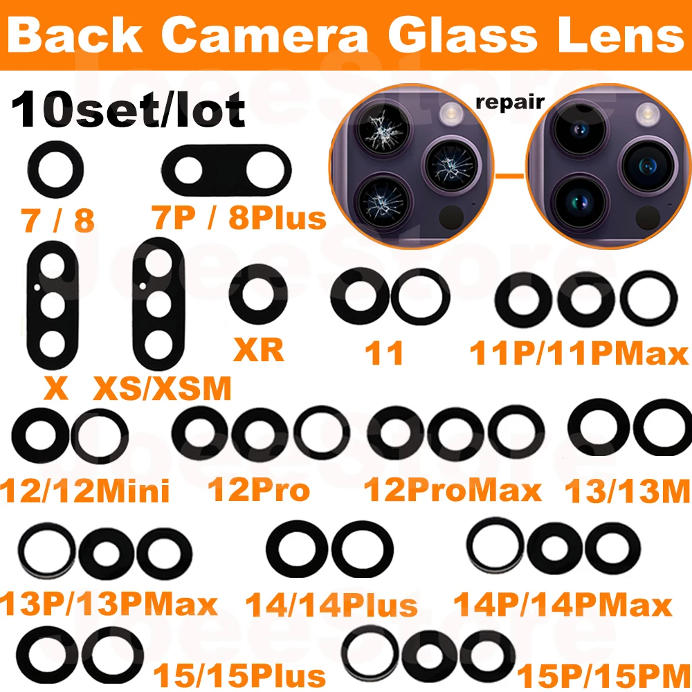 10set Rear Back Camera Glass Lens For iPhone 14 13 12 11 15 Pro Max Plus X XS XR 8 7 Rear Cover Lens Big Camera Glass 3M Sticker