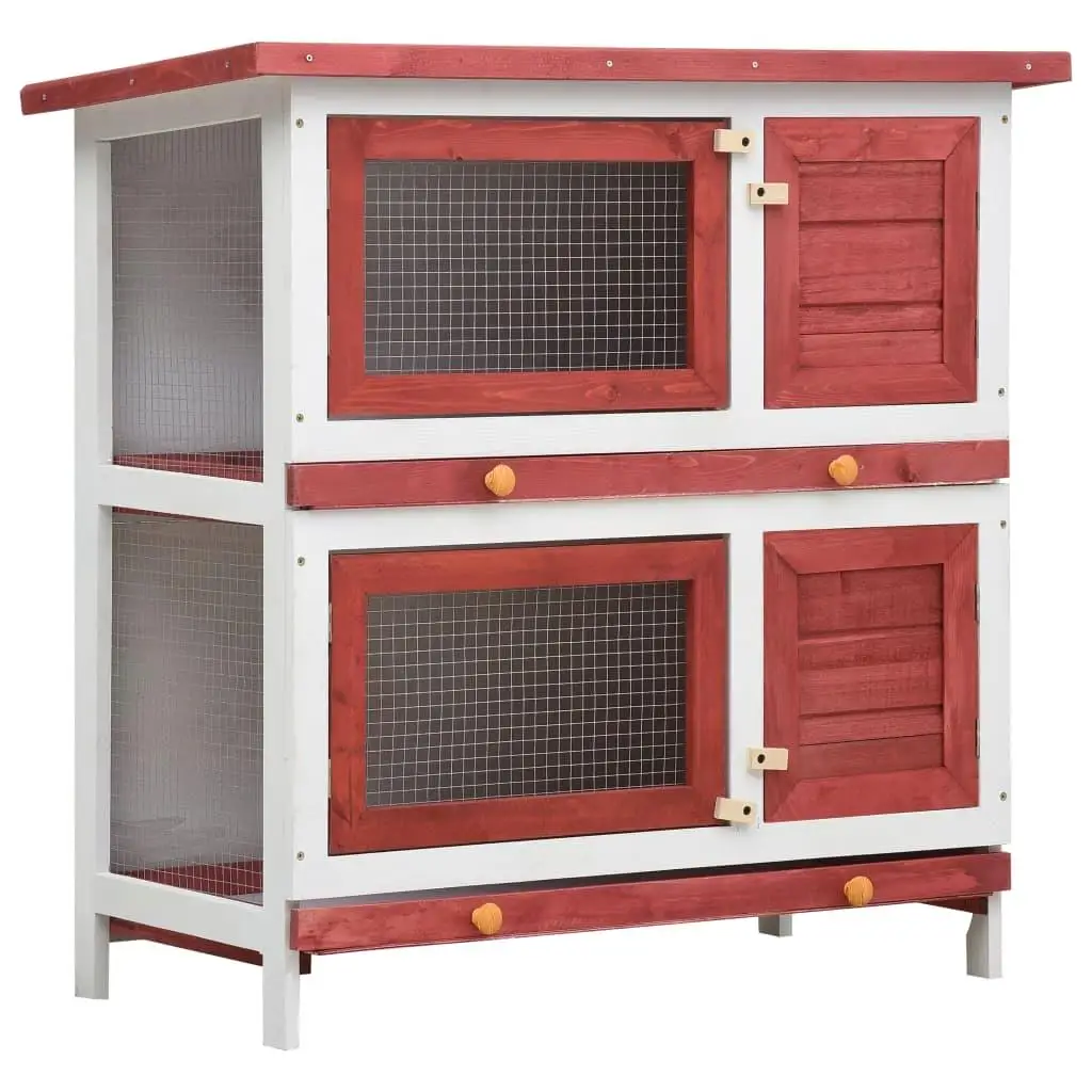 4-Door Outdoor Rabbit Hutch - Durable Red Wood Pet House with Spacious Design