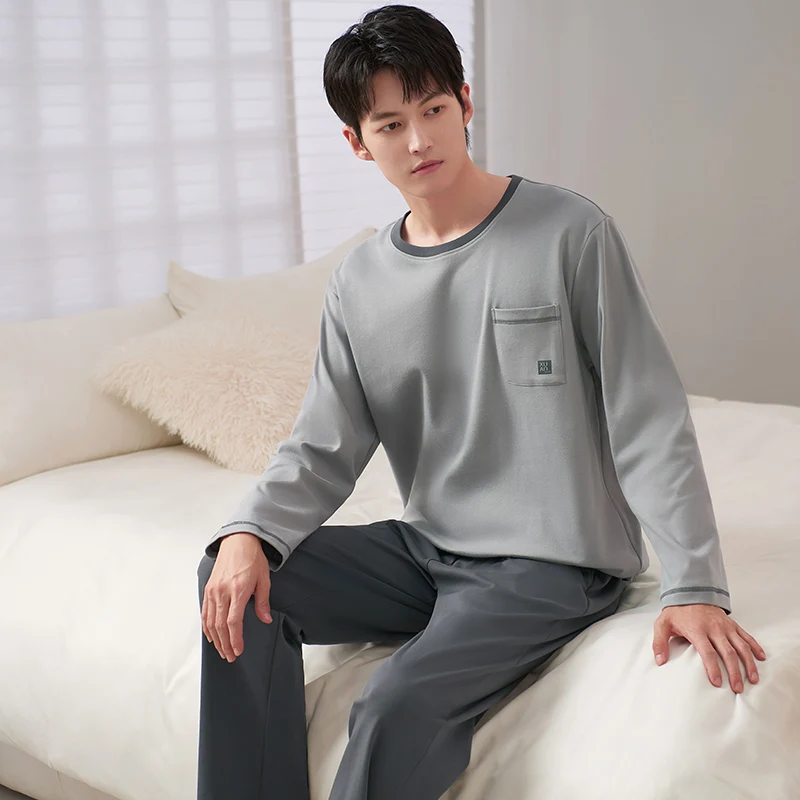 Men Pajamas Set Simple Solid Color Nightwear Young Male Sleepwear Pijamas Hombre Long Sleeve Pyjamas Suit Mens Clothing Set