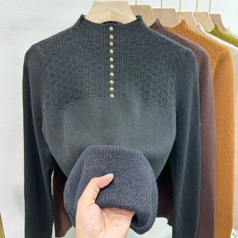 Camisola de gola alta forrada pelúcia feminina, tops casuais de malha, pulôver grosso quente, malhas macias mais veludas, jumper coreano, inverno