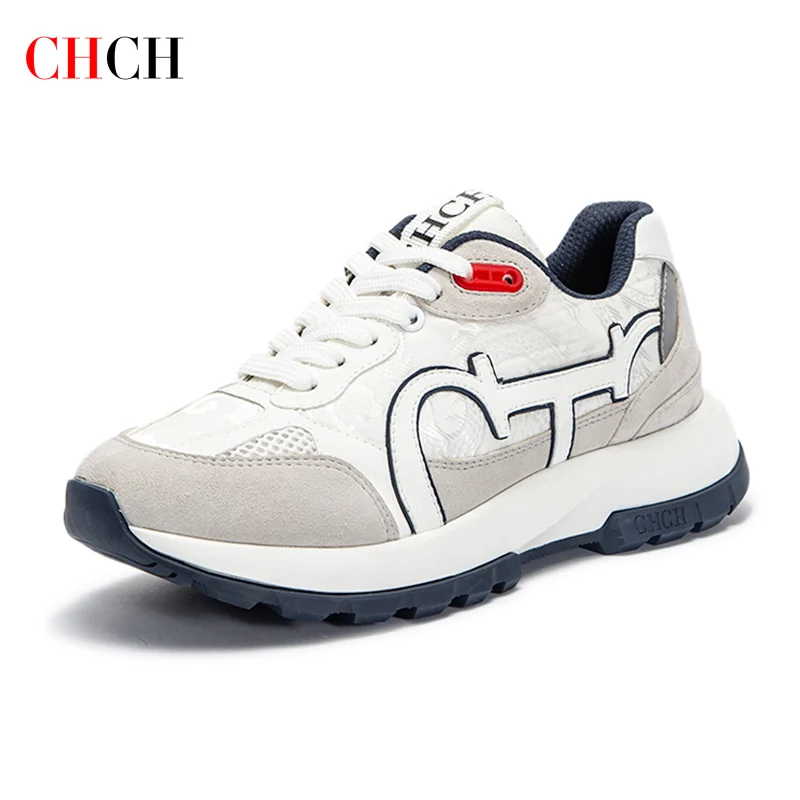 CHCH Women's Tennis Shoes 2024 Spring New Bull Leather+Fabric Spliced Casual Sports Shoes