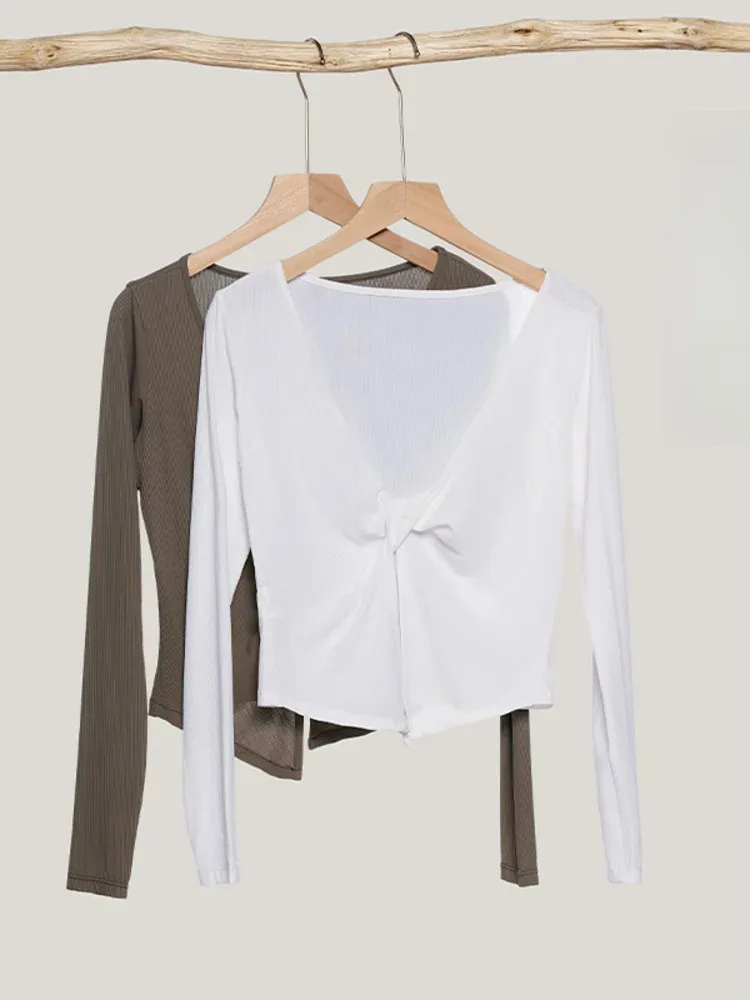 

Женский однотонный облегающий топ с v-образным вырезом и длинными рукавами для женщин, костюм для балета и танцев