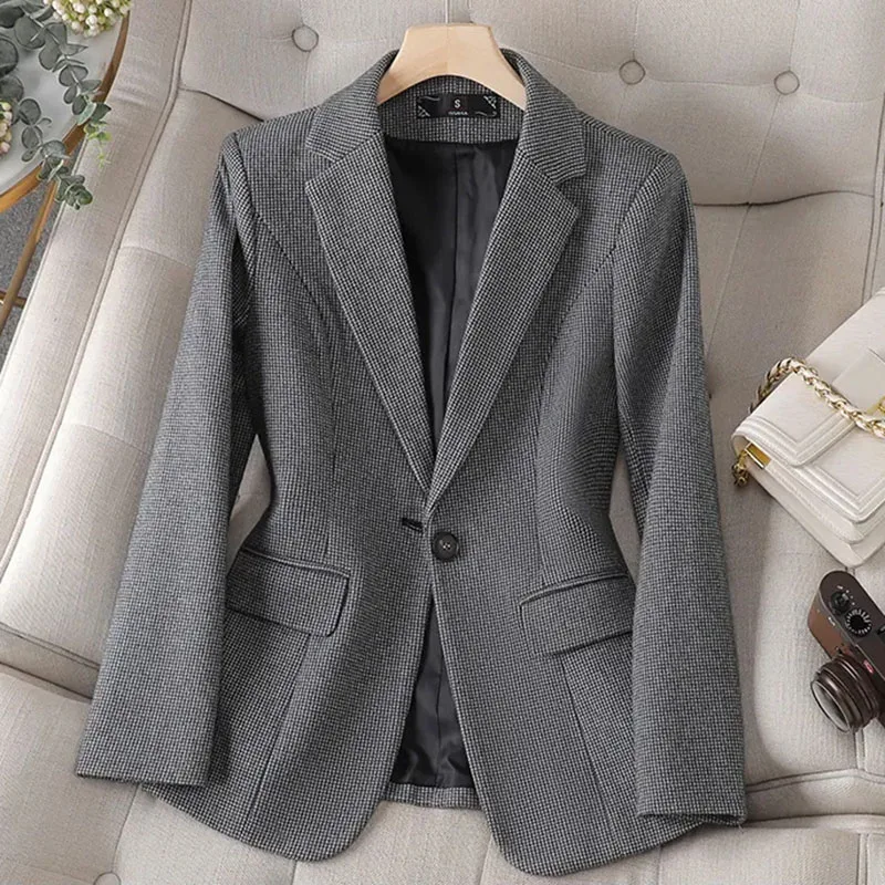Women Blazer Autumn Winter Grey Apricot Office Ladies Female Business Work Wear Formal Jacket Single Button Blazers Female Coat