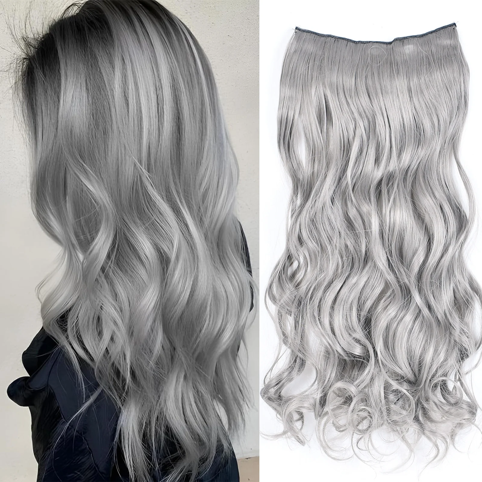 Synthetic Silver Gray Hair Clip in One Piece Hair Extension Long Straight&Wavy Curly Black Gray Color Hairpieces For Girls