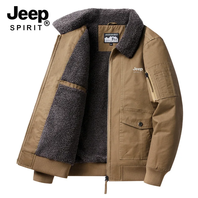 JEEP Spirit New Men\'s Jacket Casual Fleece-lined 100% Cotton Clothes Wear Resistant Washable Fabric Autumn and Winter Cuff Style