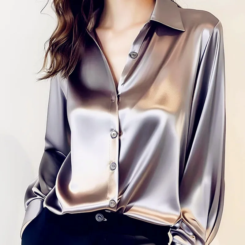 

Новая серая атласная блузка премиум-класса из ацетата, женская блузка с длинным рукавом, изысканная шелковая профессиональная рубашка, блузка на пуговицах, топы