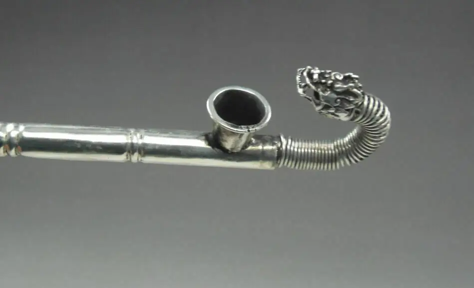 Chinese Collectible Old Tibetan Silver Handwork carved Dragon Smoking Tool pipe