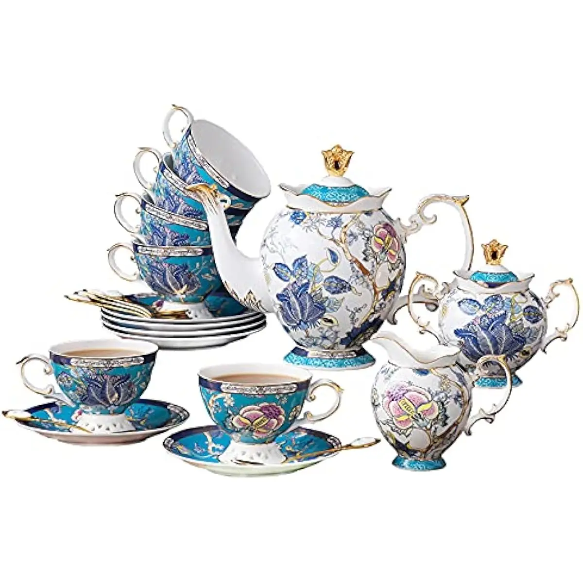 21 Piece Porcelain Tea Set for 6 with Gold Trim Spoons, Vintage Tea Service with Teapot Sugar Bowl Creamer 6 Cups Saucers Gift