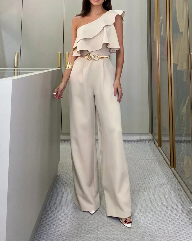 

Jumpsuit Women Elegant Solid One Shoulder Ruffle Decoration Straight Wide Leg Pants Formal Jumpsuit office Lady