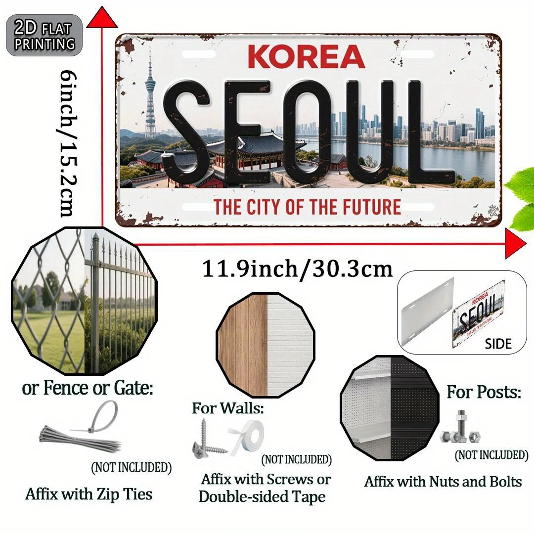 2D Flat, 1pc, Seoul Retro Aluminum  Sign, Decorative Sign (12 X 6 inch), for Decoration Only, Travel Souvenir