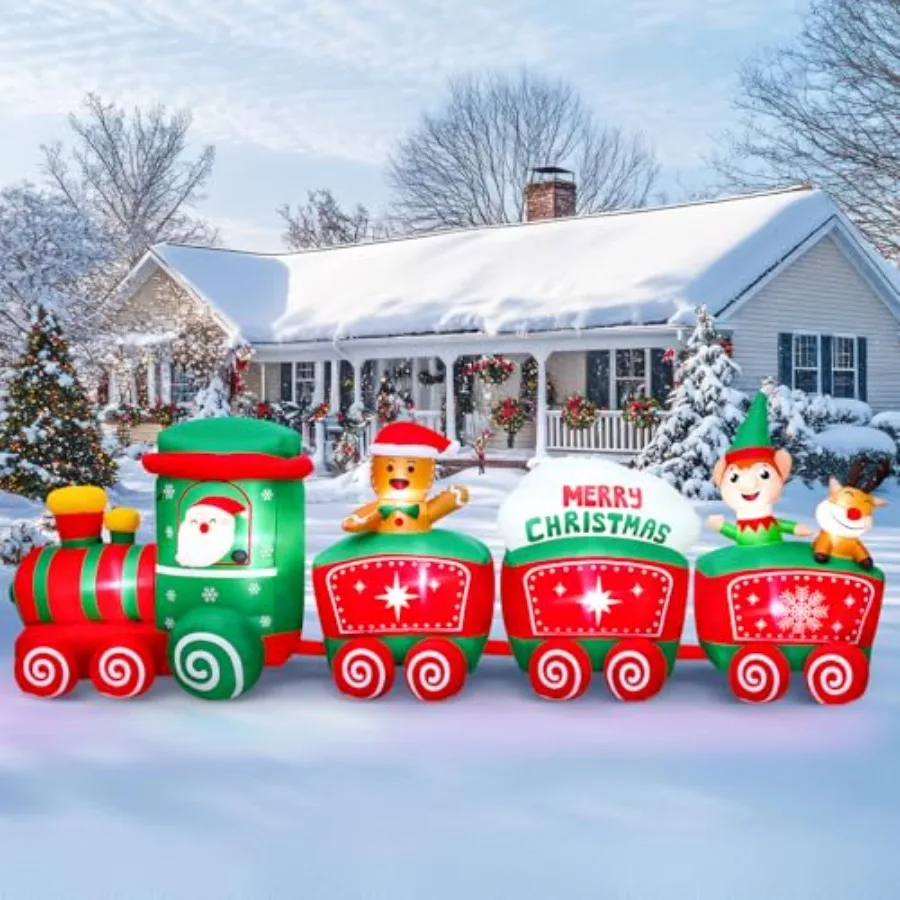 Outdoor 12FT inflatable Christmas train decoration for lawn and garden use, PVC material, red and green color, weather-resistan