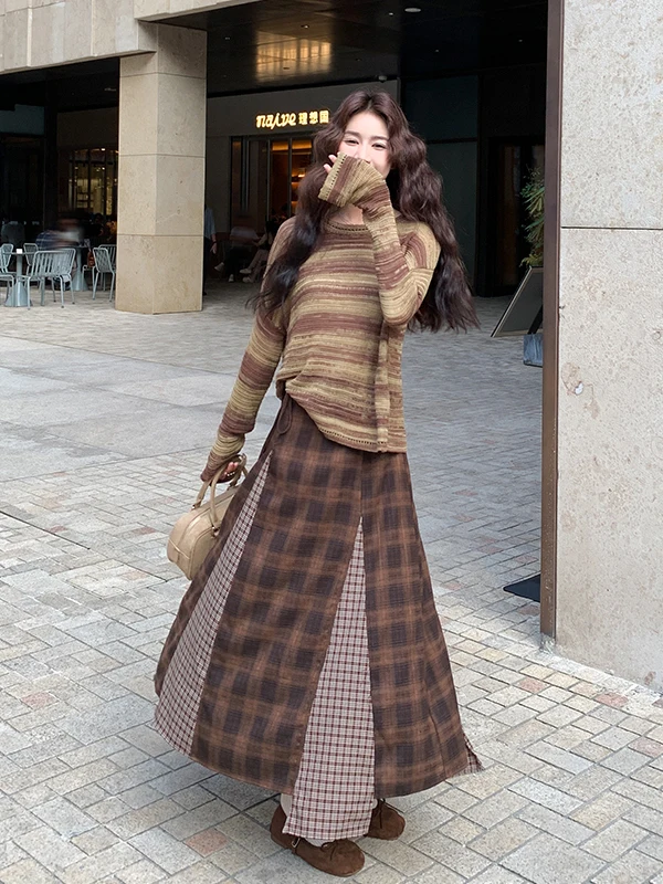 

Women's Autumn Spring Plaid Knitted Skirt Set High Waist Casual Sle Long Sve round Ne Two Piece Ensemble Slimming Stripes