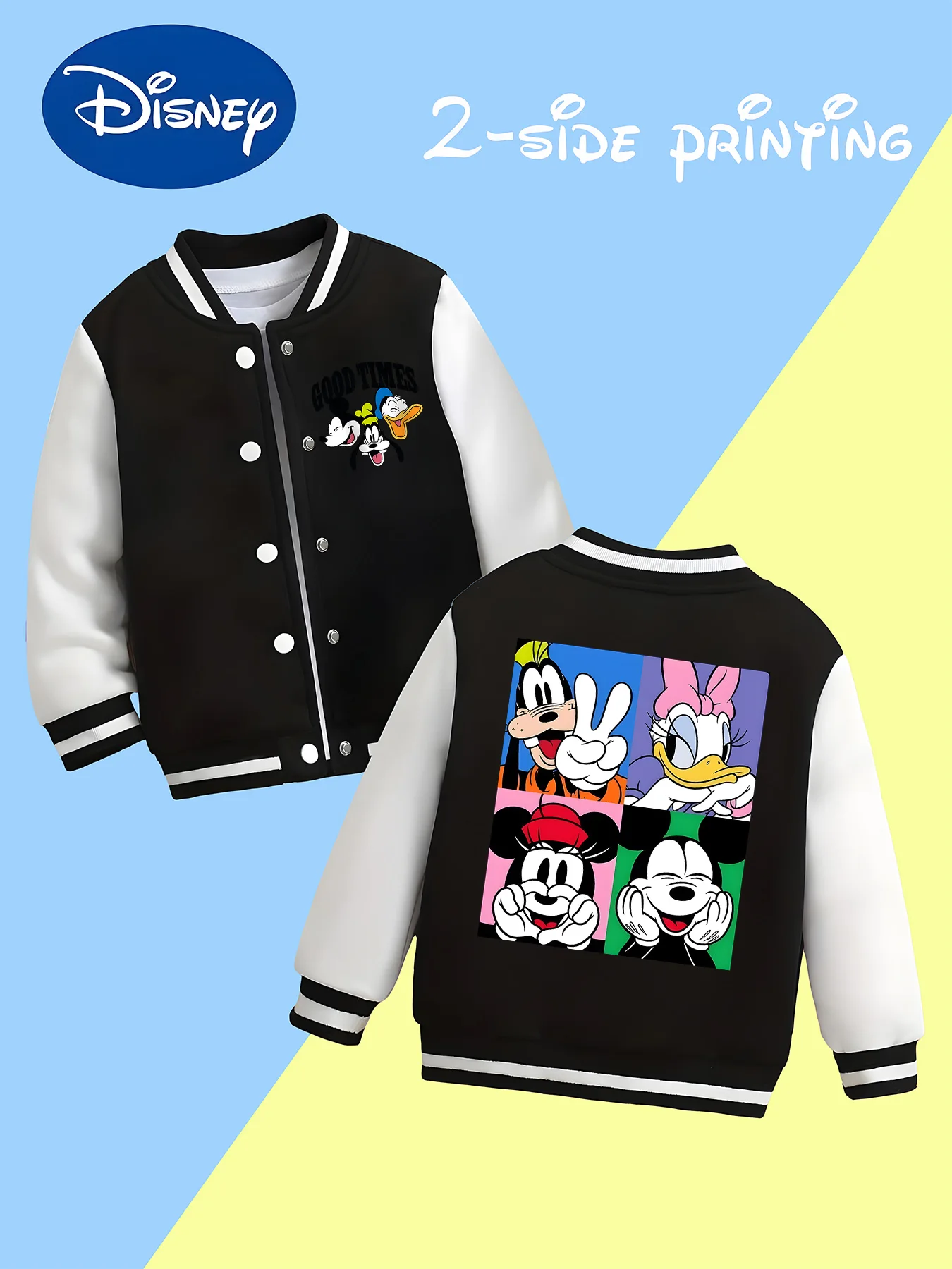 

MINISO Disney Boys' Baseball Jacket-Mickey Mouse Family Funny Gesture Print, Colorful Checkered Back,Durable,Perfect for Parties