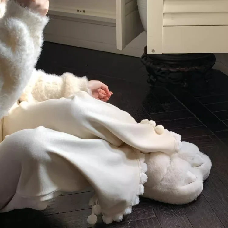 Large Size Women Autumn Winter Fleece Thickened Hairball Bow Knitted Wide-leg Pants Fashion Leisure Apricot Straight-leg Pantses