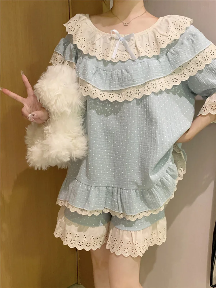 New Soft Lace 4 Colors Solid Simple Sweet Princess Short Sleeve Half Pants Pajama Set Women Loose Korean Style Summer Sleep Tops