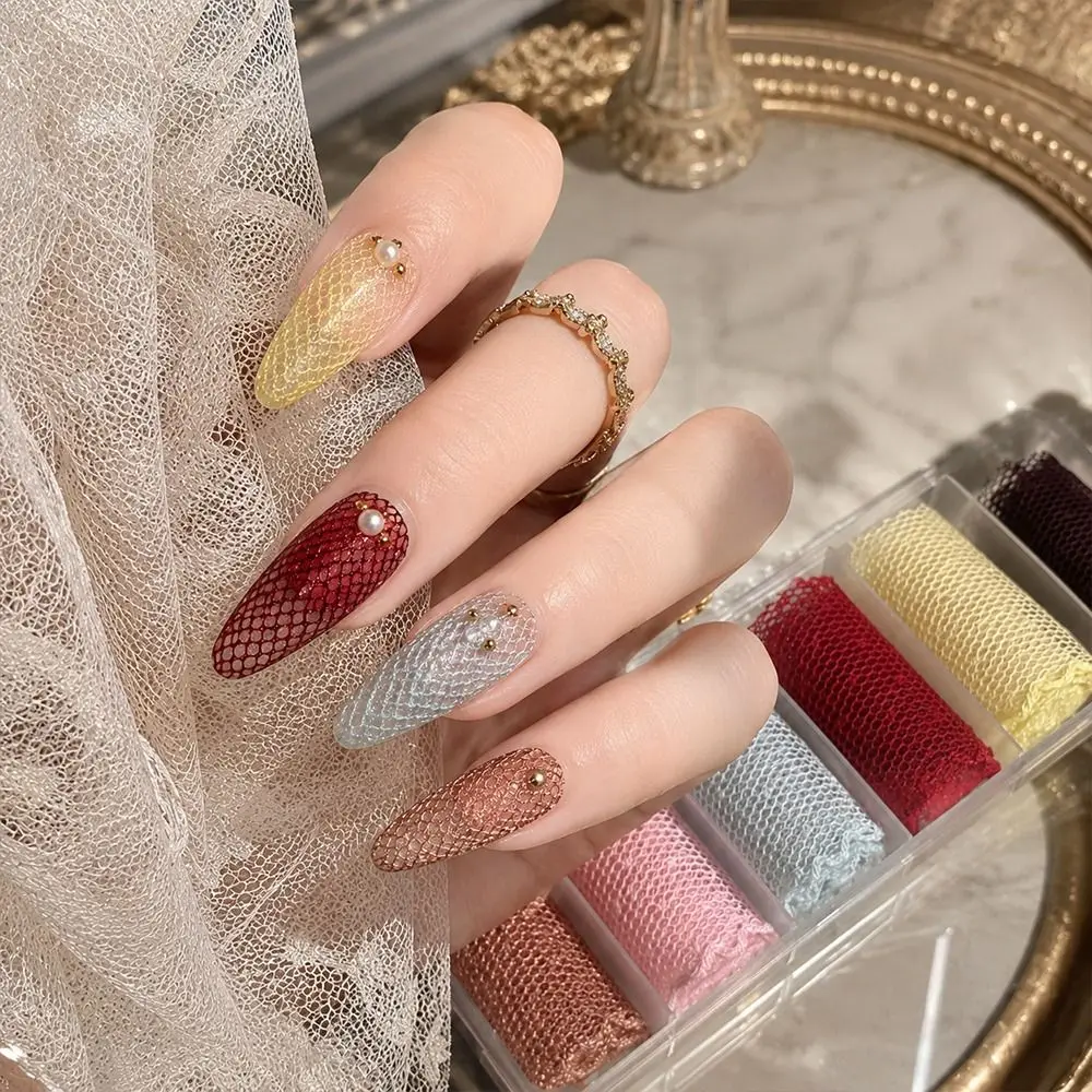 Hollow Mesh Pattern Nail Foils Lace Design 3D Stereo Effect Nail Art Stickers Mixed Pastel Glitter Colors Soft Nail Decals