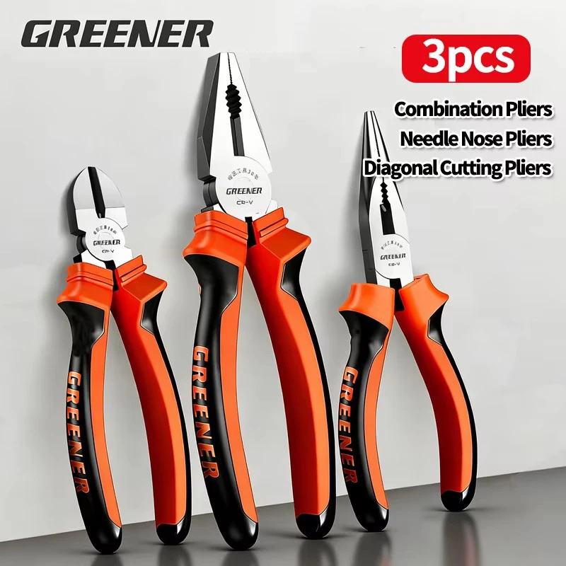 GREENERY 3pcs Pliers Set Combination Long Nose Diagonal Cutting Pliers Chrome Vanadium High Hardness for Home Electrician Tool