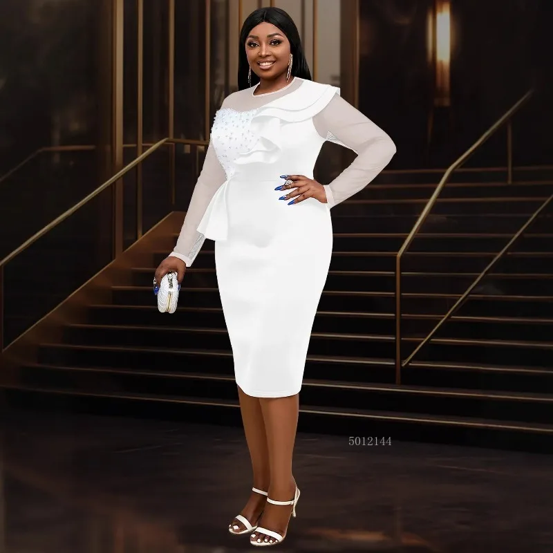 L-4XL Африканские платья больших размеров для женщин, осеннее элегантное африканское сетчатое белое облегающее платье миди с длинными рукавами, африканская одежда 2026