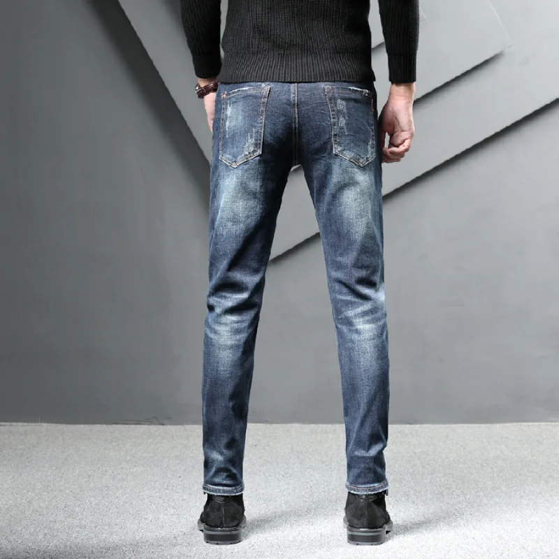 

83High-quality tide scrape casual trousers heavy industry cat whiskers male Slim small feet elastic versatile retro blue fashion