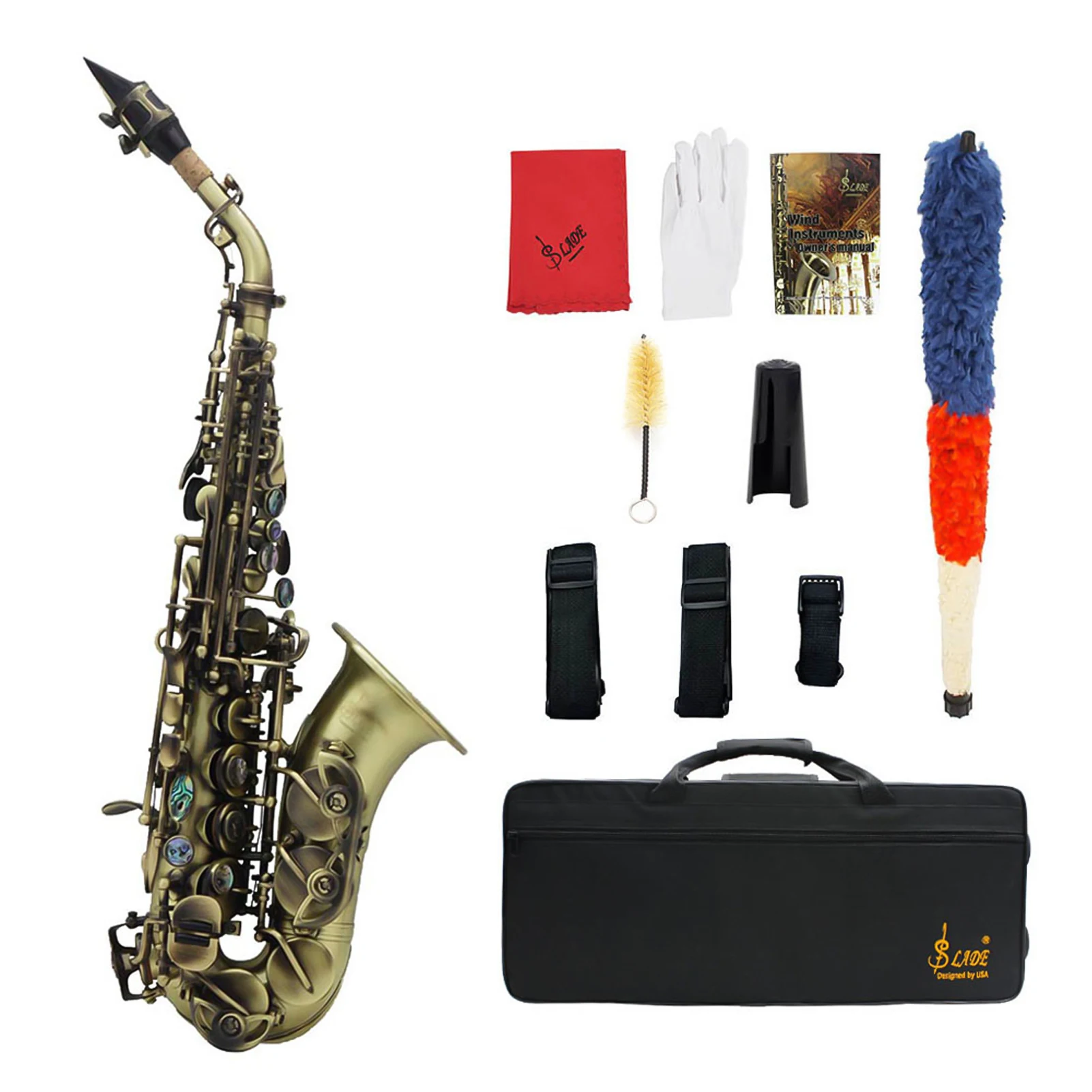 Bb Soprano Saxophone Sax Brass Material Black Nickel Plated Woodwind Instrument with Carry Case Gloves Cleaning Cloth Brush