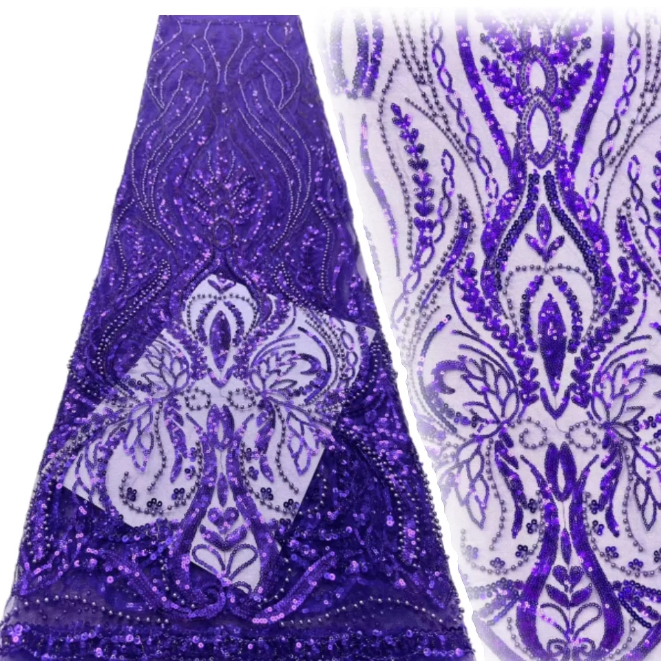 

Фиолетовая африканская кружевная ткань с блестками для жениха, французский тюль, шитье нигерийского свадебного платья, высокое качество, 2025 CC1207