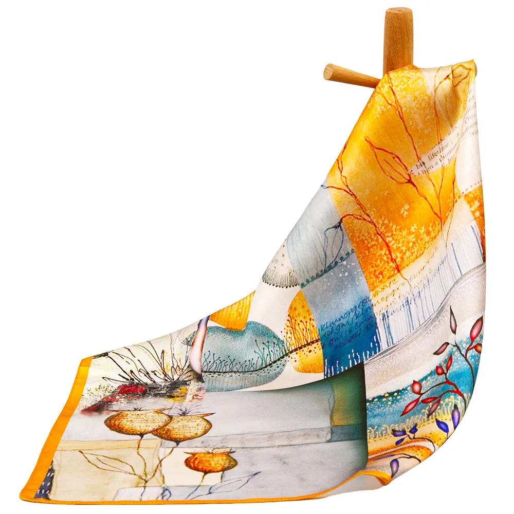 53cm 100% Natural Pure Silk Square Scarf Women Modern Abstract Collage Print Ginger Yellow Neck Hair Scarf Bandana Artist Gift