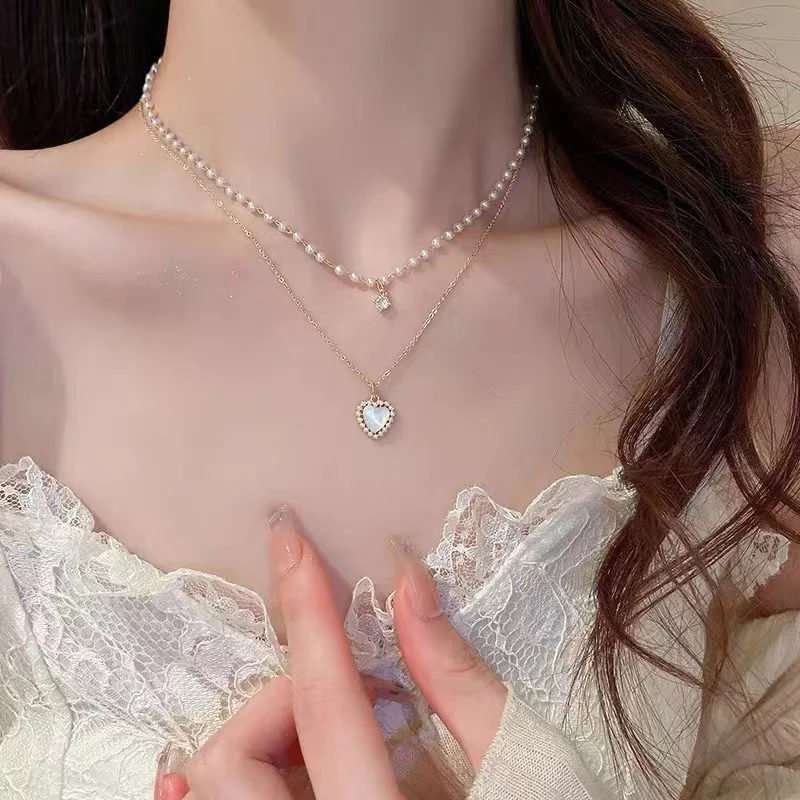 2023 New Fashion Trend Light Luxury Elegant Delicate Pearl Double Layer Heart Necklace Ladies High Jewelry Party Gifts Wholesale