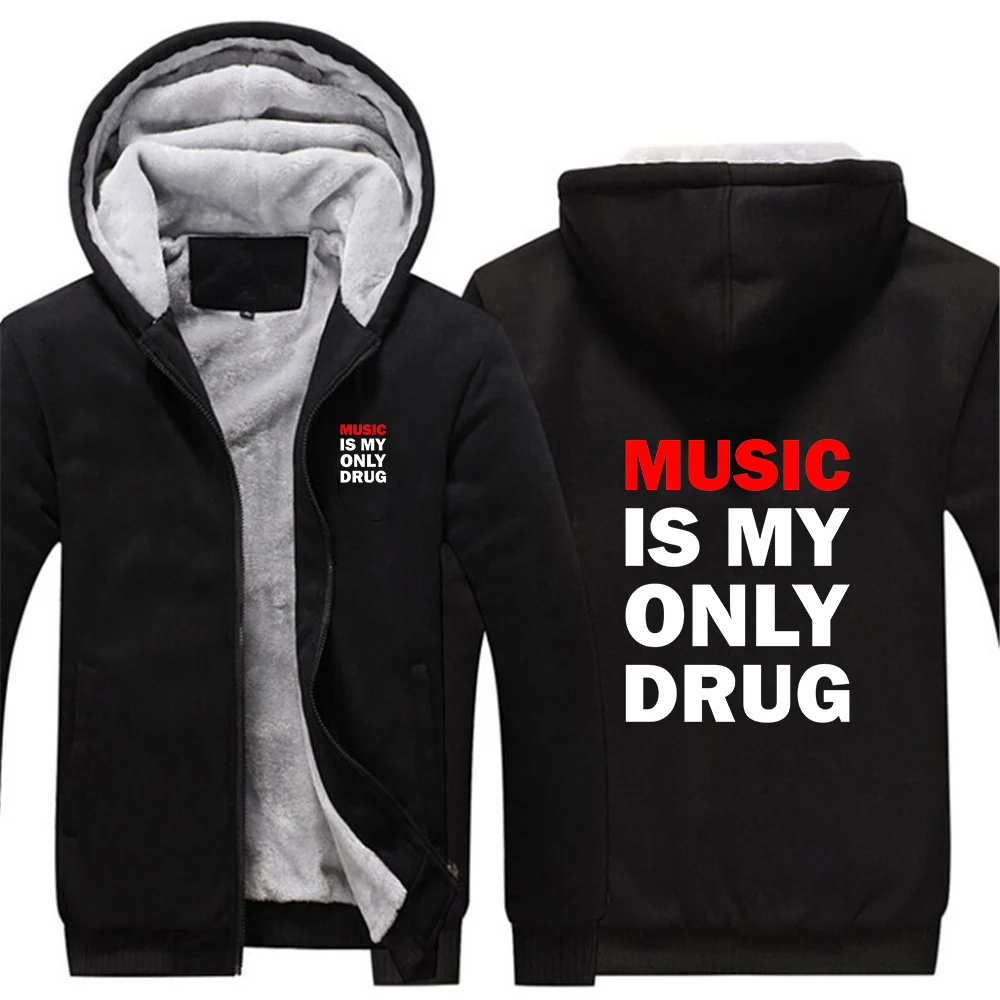 

Music is My Only Drug 2025 New Men's Autumn And Winter Thicken Warm Fleece Zipper Hoodies Casual Comfortable Patchwork Sportwear