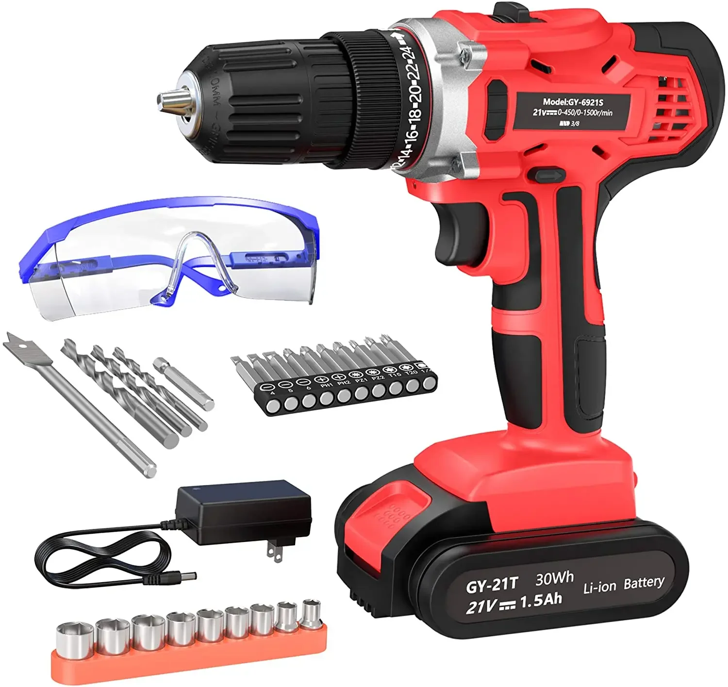 

Cordless Hammer Drill with 21V Lithium Battery Electric Drill 3/8'' Keyless Chuck