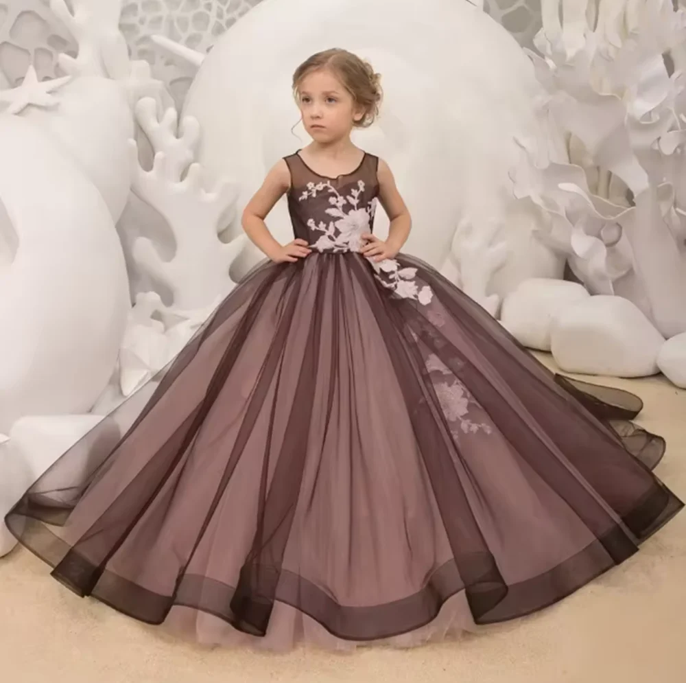 

Floral Tulle Flower Girl Dress Sleeveless Floor Length Pleats Ball Gown For Wedding Girls Birthday Party Dress Customized