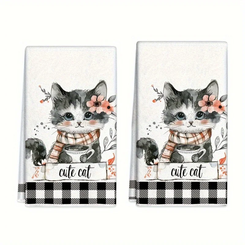 2 Pack Cat Pattern Towels | Multi-Use Kitchen Dish Cloths for Cooking Baking Cleaning, Cute Decorative Towels for Bathroom,