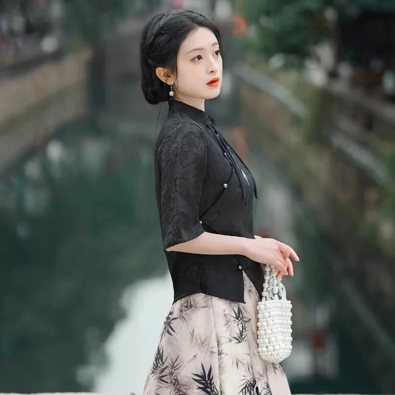 

Chinese Shirt Female Black Elegant Retro Tang Suit Summer New Improved China Style Blouse Embroidery Slim Short