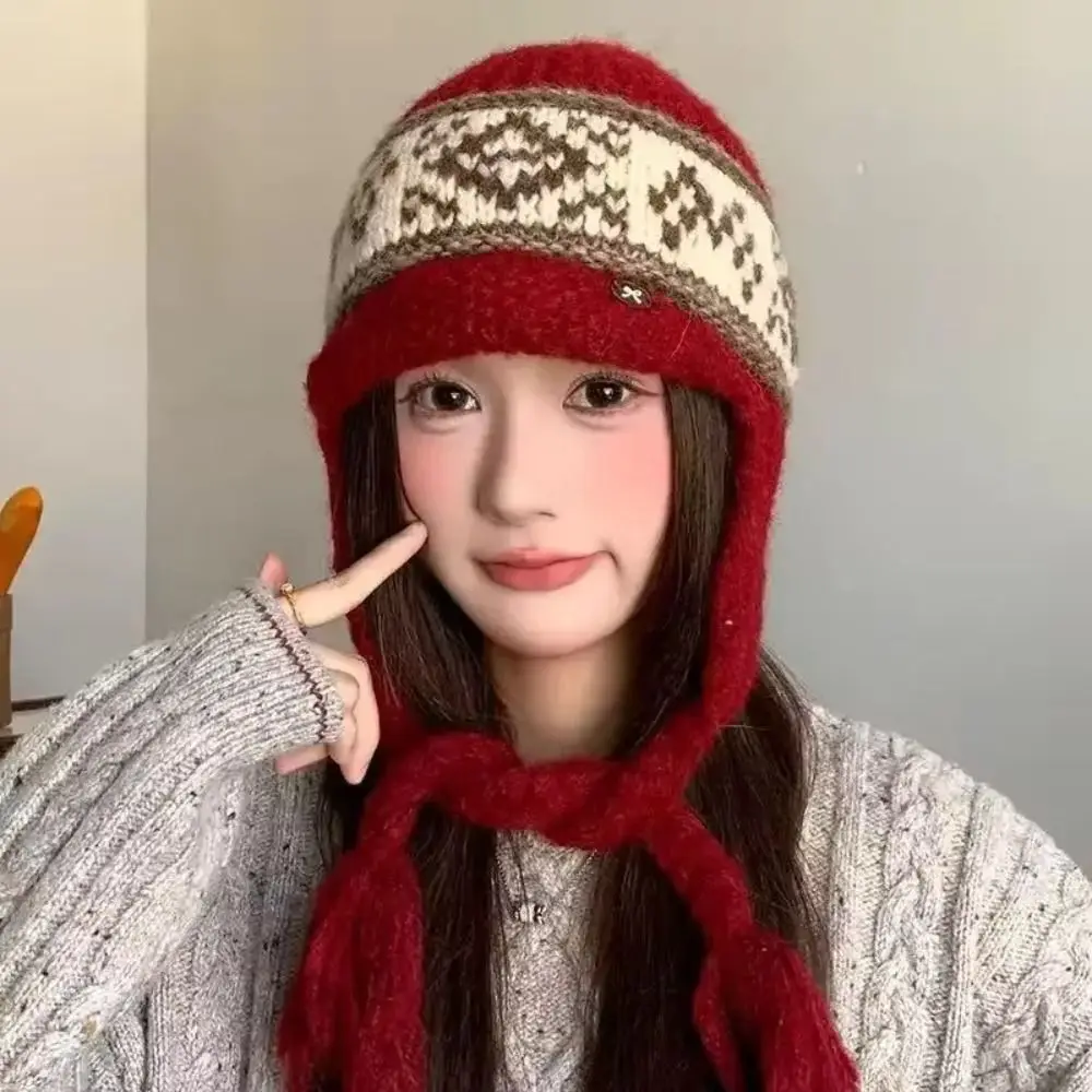Koreanischer Stil, Fair-Isle-Mütze mit Ohrenklappen, Quasten, Ohrenschutz, Jacquard-Strickmütze, warme, kältebeständige Mütze, Bekleidungszubehör. – Detail 6