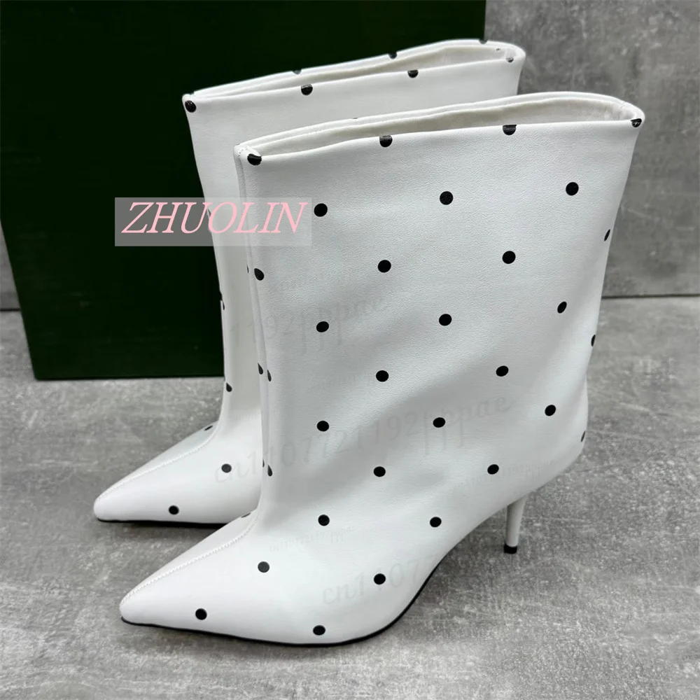 Women Black White Polka Dot Mid Calf Boots Pointed Toe Kitten Heels Wide Straight Shaft Smooth Finish Autumn Casual Dress Shoes - view 5