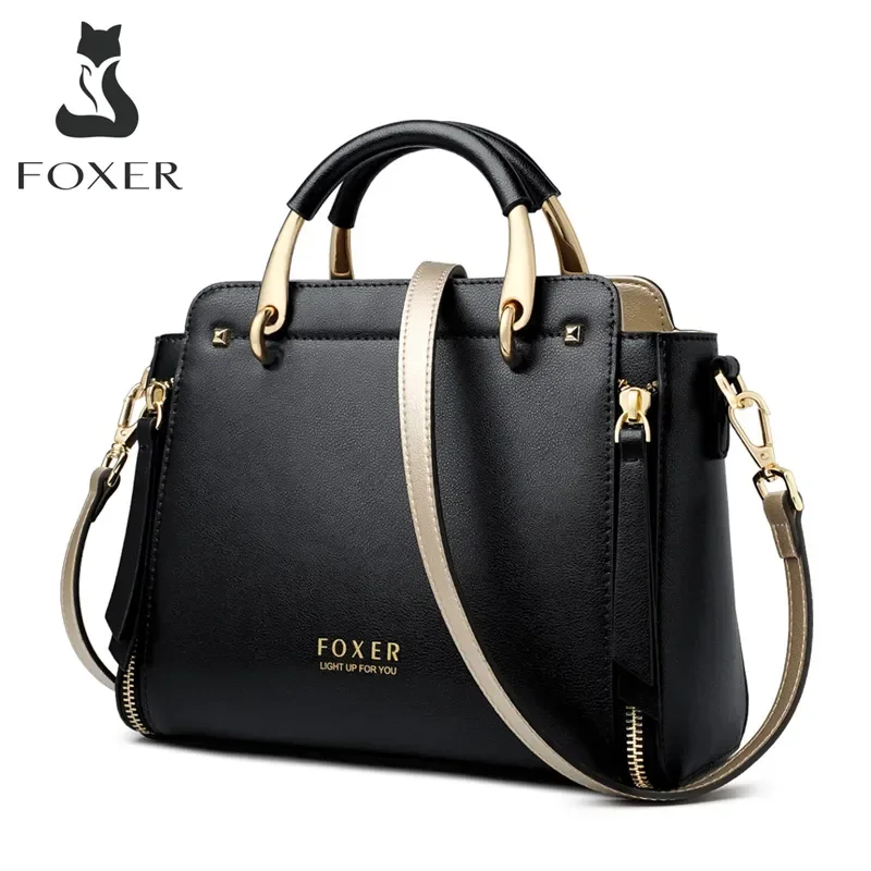 FOXER Women Crossbody Shoulder Bag Female Split Leather Top-Handle Bag Large Capacity Handbag Stylish Messenger Simple Chic Tote