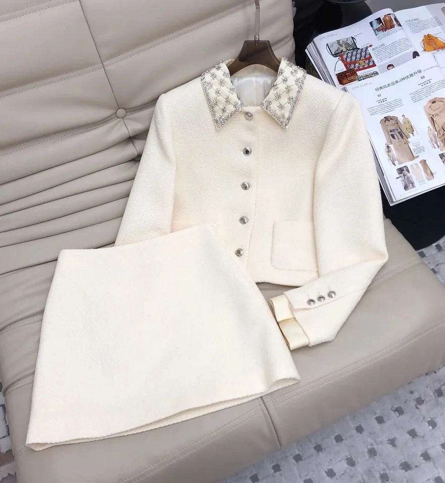 2024 spring Women beading turn down collar short coats + solid mini skirt woolen 2 pieces set outfit white black