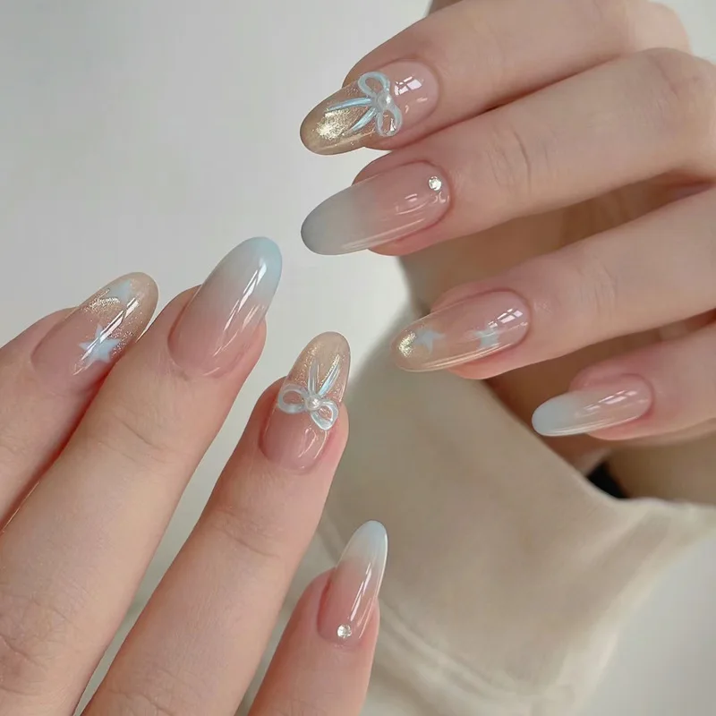 24Pcs Almond Pure Handmade Press On Nails Full Cover Butterfly French Pearl Diamond False Nails Wearable Manicure Nail Tips Art