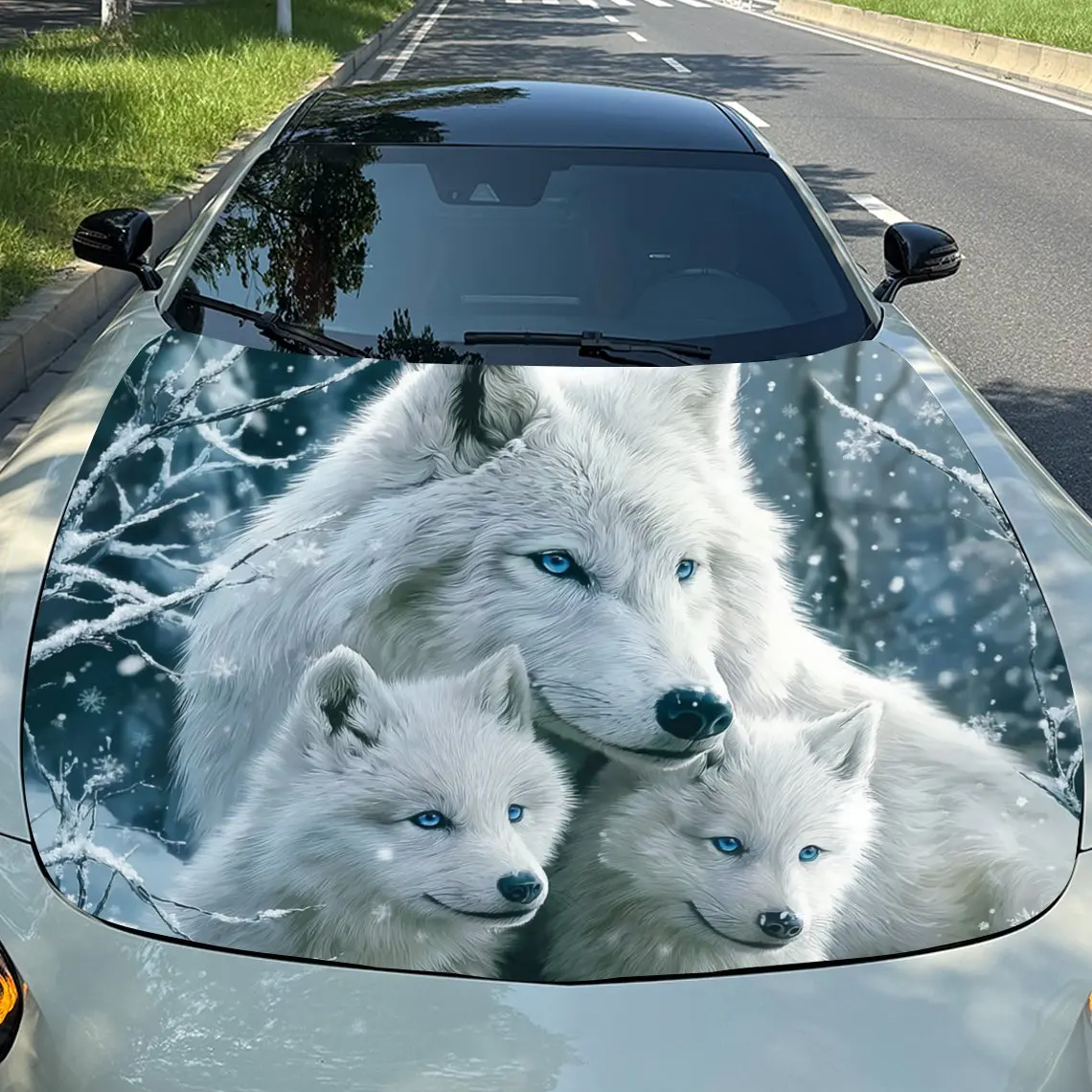Winter Snow Scenery Wolf Car Hood Sticker-waterproof And Scratch Resistant PVC Car Sticker, Suitable For Cars, Trucks, And SUVs-