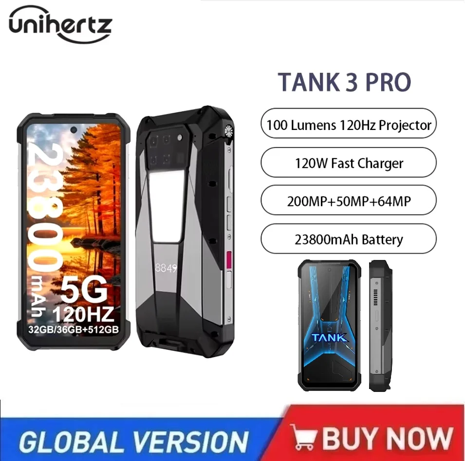 Unihertz Tank 3 Pro 8849 Rugged Smartphones android 5G with 100 Lumens Projector 32/36GB 512GB 23800mAh Waterproof 200MP phone