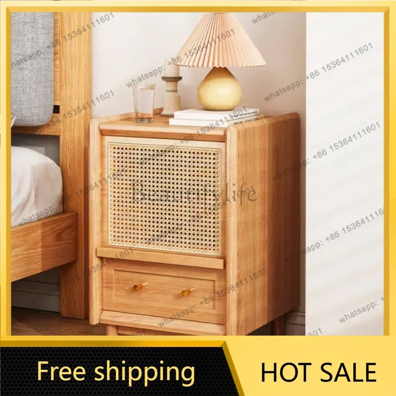 LDModern Bedside Table with Rattan Drawer, End Table with Storage Shelf & Solid Wood Feet, End Table Night Stand Furniture
