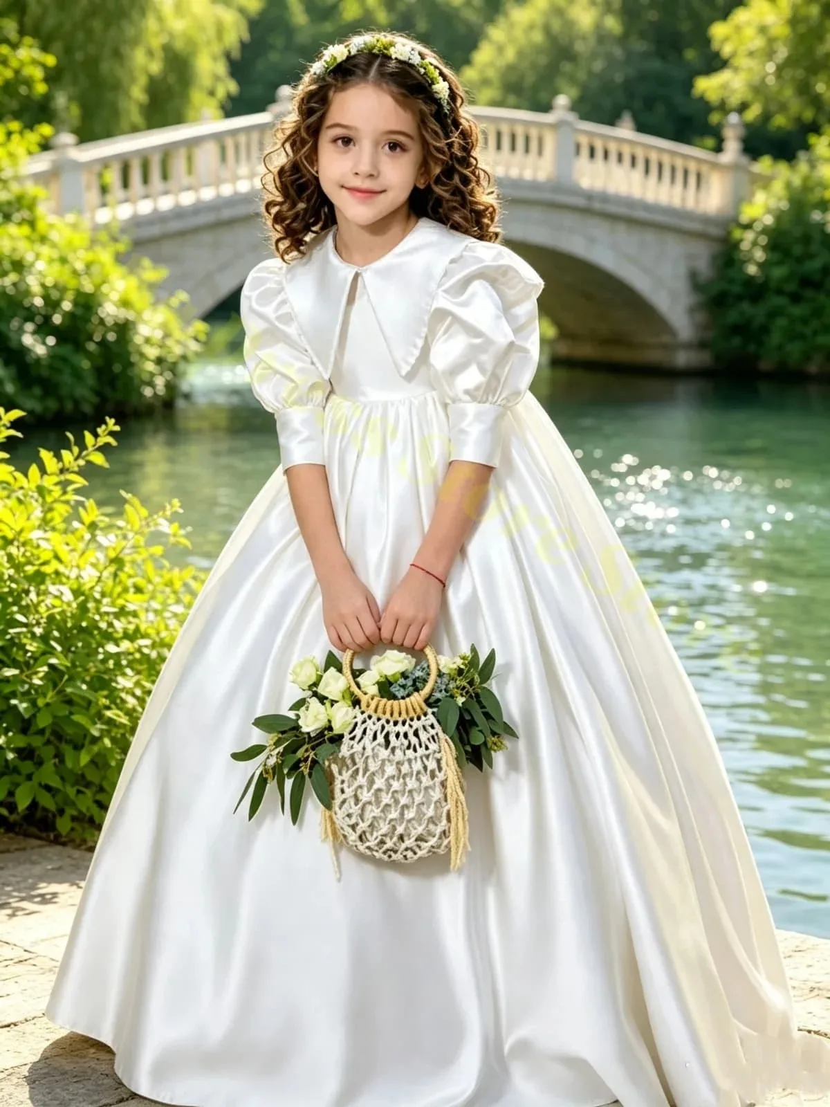 Maßgeschneidertes Großhandels-Blumenmädchenkleid für Hochzeiten, Satin-Schleife, halbe Ärmel, hohe Taille, bodenlang, Kinder-Geburtstags- und Kommunionkleid – Detail 4