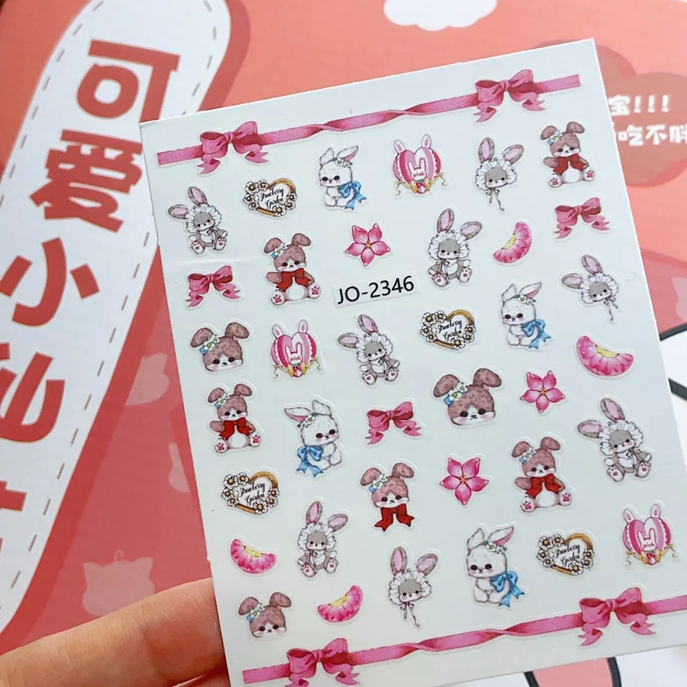 1 sheet Lolita Rabbit nail paste net red bow pink cute cartoon rabbit waterproof nail sticker fashion design DIY