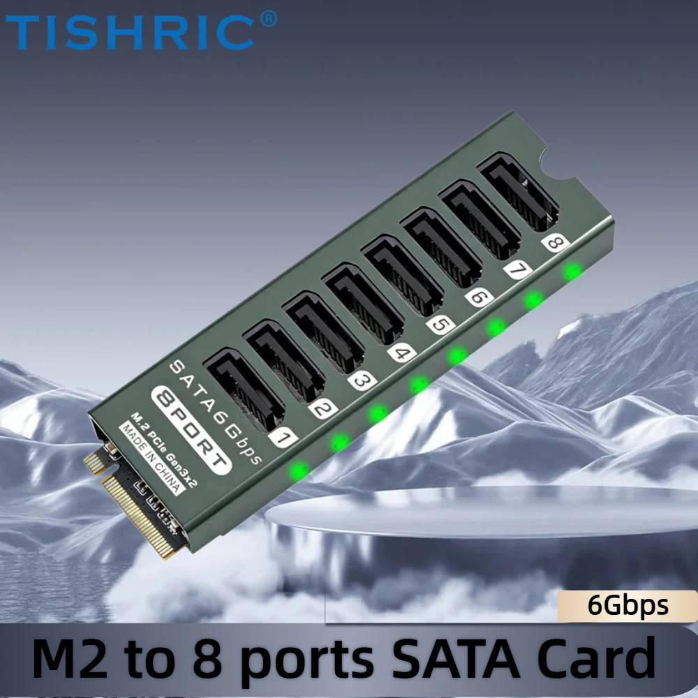 

TISHRIC M.2 NVME M-Key PCIE3.0 to SATA 6Gbps 8Port Expansion Card NAS Hard Drive Extended PCI-E Adapter Riser Card with Heatsink
